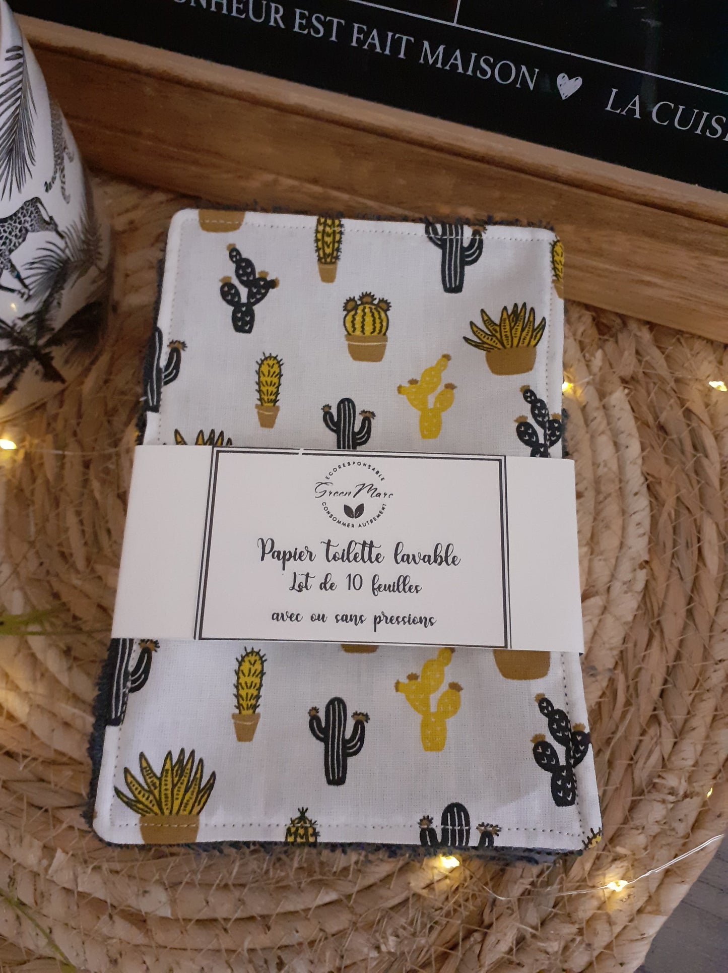 Papier toilette lavable avec ou sans pressions "Cactus"