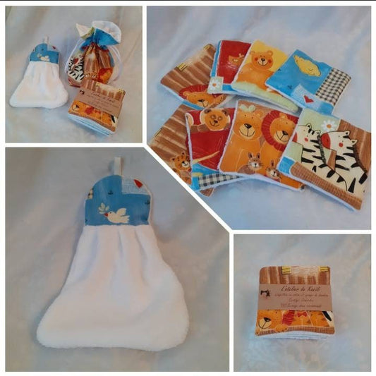 Set of 7 ecological washable wipes with storage pouch and hand towel