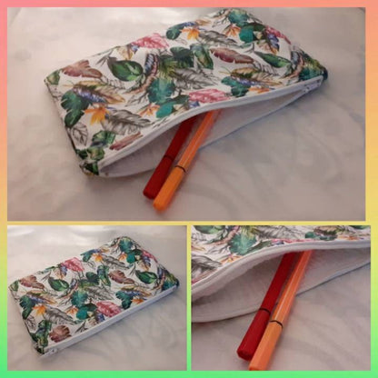 Pencil case / Pouch in feather printed cotton and double gauze